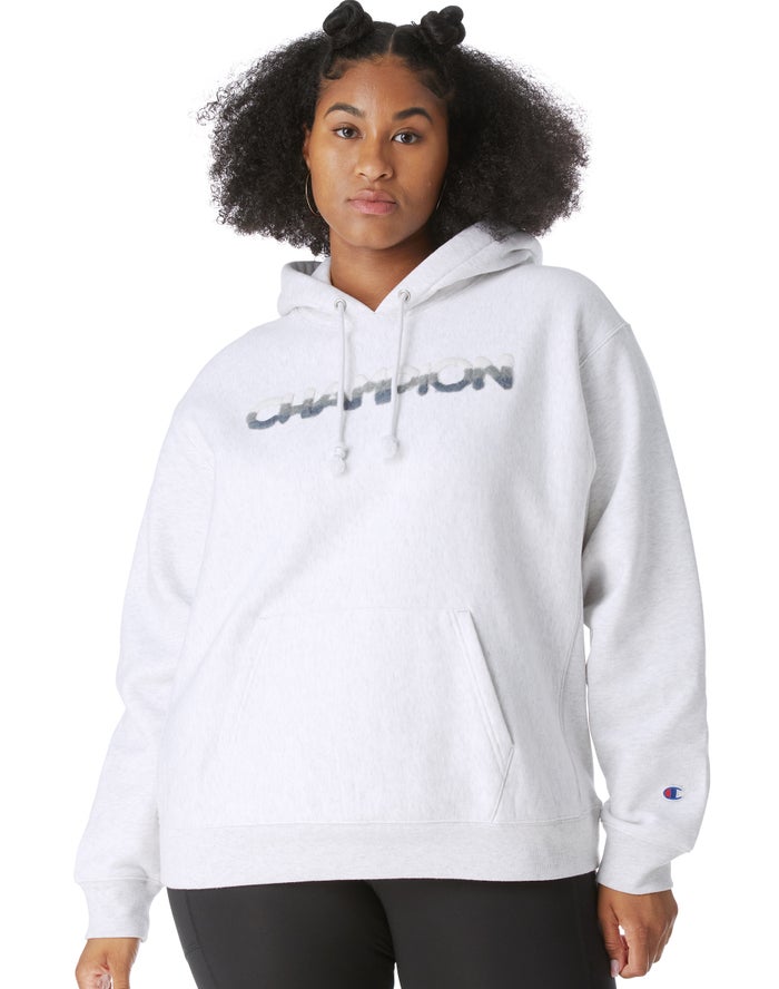 Champion Plus Reverse Weave Ombre Chenille Applique Kadın Kapşonlu Sweatshirt Gri ( RPMCBQ254 )